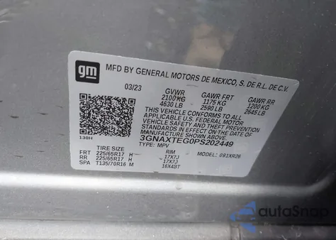 2023 Chevrolet Equinox Awd 2Fl из США, поврежденный, VIN 3GNAXTEG0PS202449